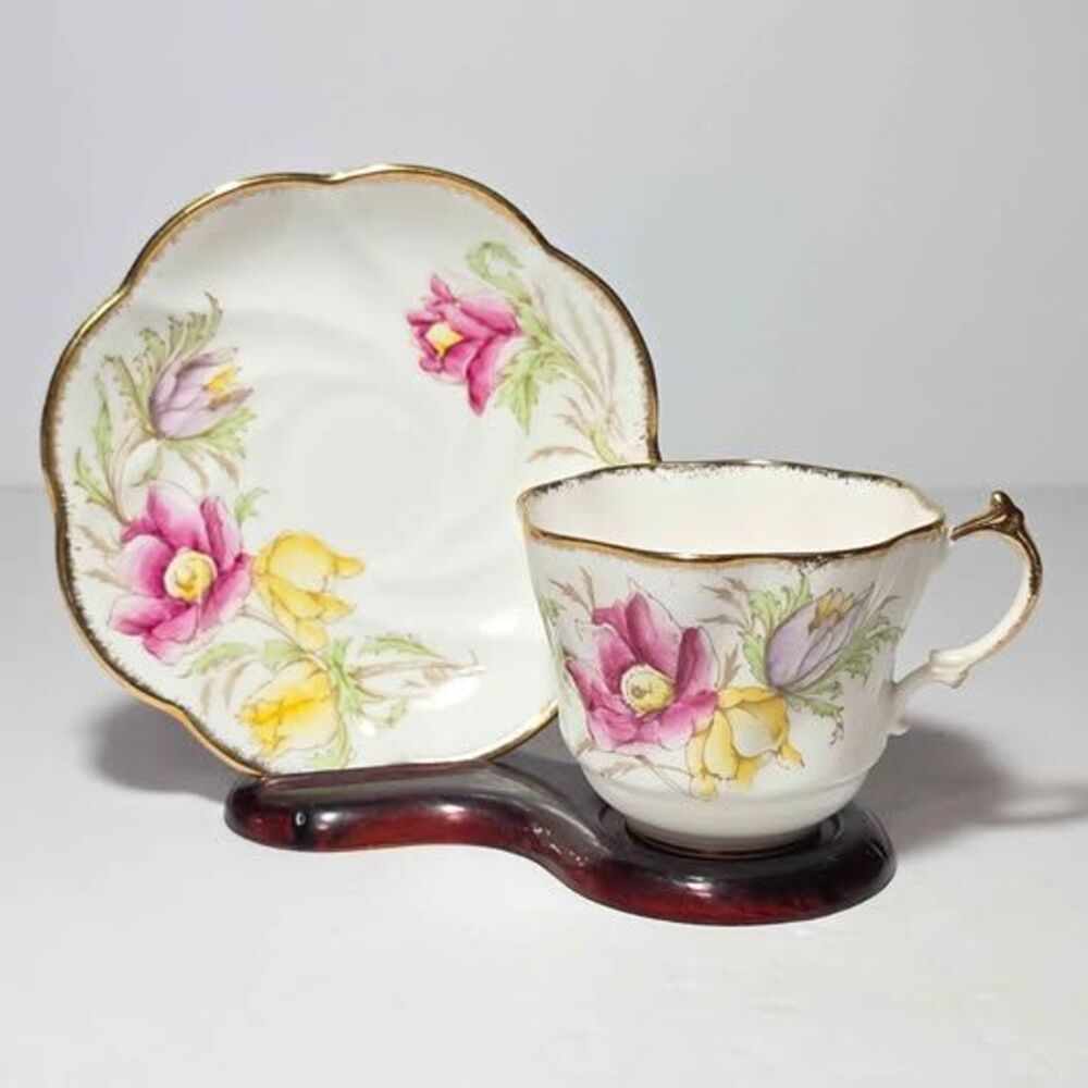 Salisbury Teacup and Saucer Pink Yellow Flowers Vintage